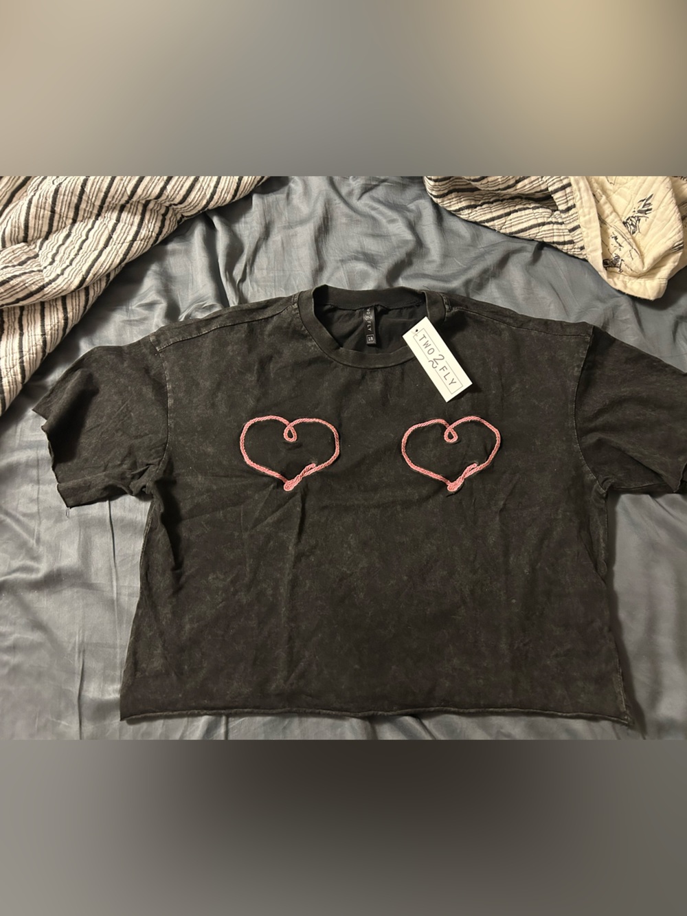 Black Cropped Tee with Pink Heart Appliqués